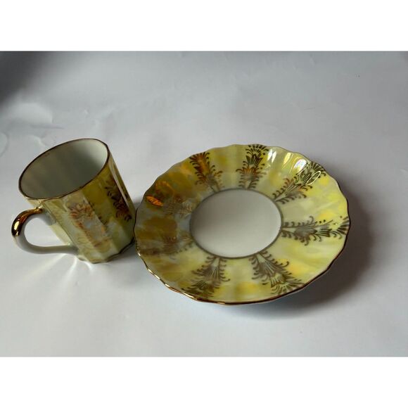 VTG Iridescent Yellow & Gold Lustreware Teacup Set – Unmarked Japanese Porcelain - Picture 3 of 7